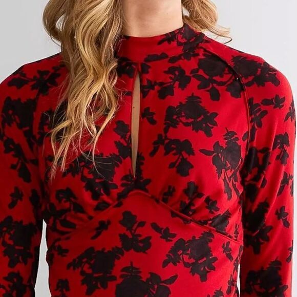 NWT Free People Dinner Party Long Sleeve S Floral Key Hole Mock Neck Retro Chic - Picture 6 of 11